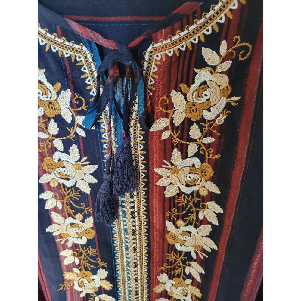 John Mark Womens Embroidered Stripe Tassel Tie Tunic Boho Floral Contrast XL - Picture 12 of 12